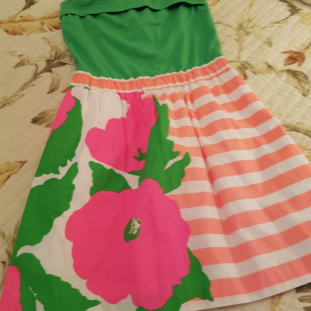 Neon & White Stripe Floral Strapless Dress